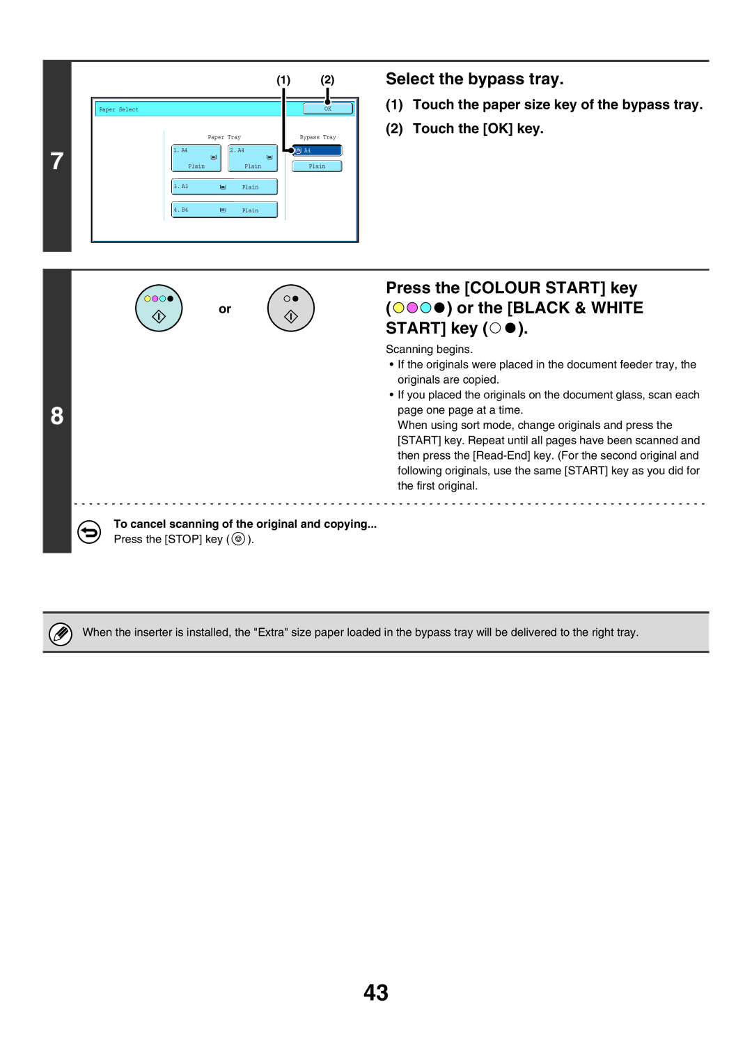 Sharp MX-7000N, MX-6200N, MX-5500N manual Select the bypass tray, Press the Colour Start key Or the Black & White 