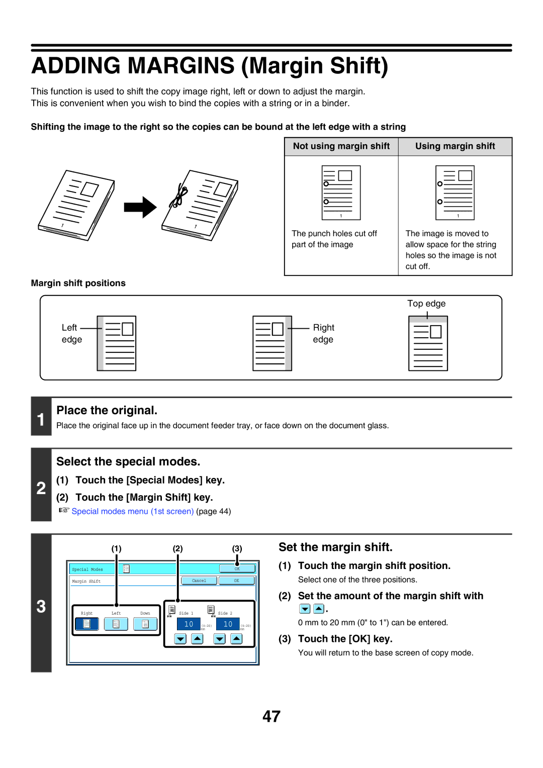 Sharp MX-5500N, MX-6200N, MX-7000N manual Adding Margins Margin Shift, Select the special modes, Set the margin shift 