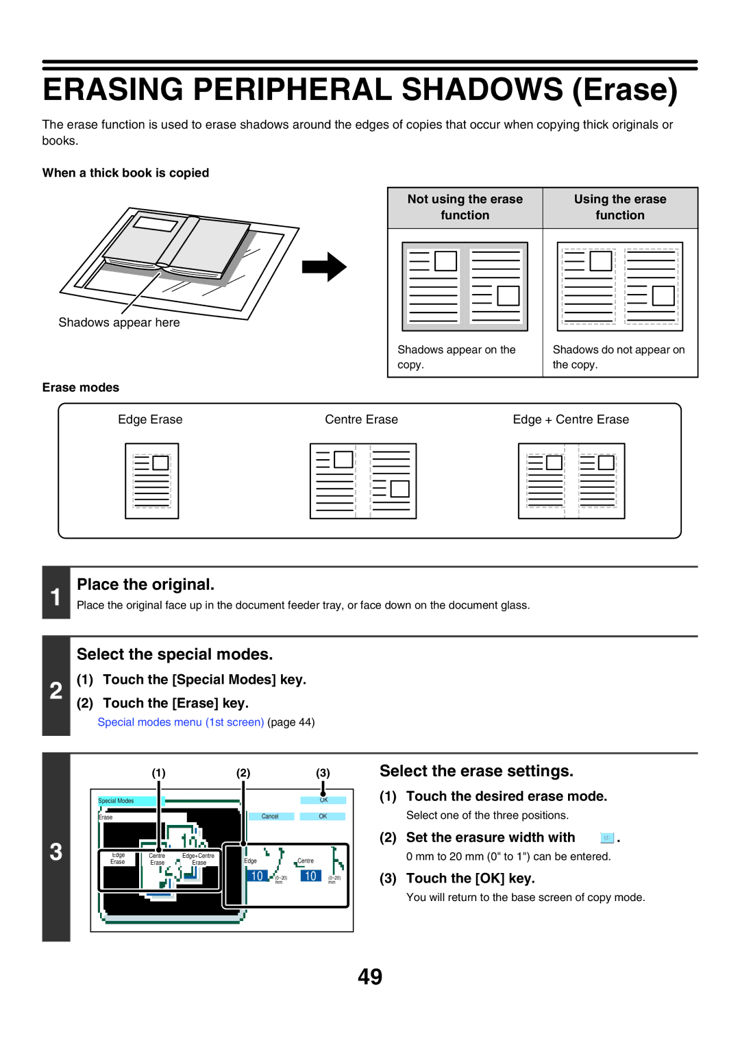 Sharp MX-7000N, MX-6200N, MX-5500N manual Erasing Peripheral Shadows Erase, Select the erase settings, Touch the Erase key 