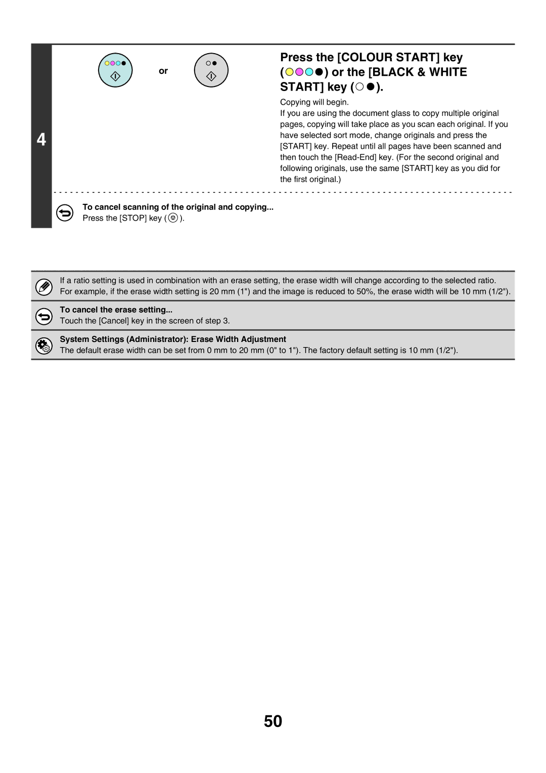 Sharp MX-5500N, MX-6200N, MX-7000N manual To cancel the erase setting, System Settings Administrator Erase Width Adjustment 