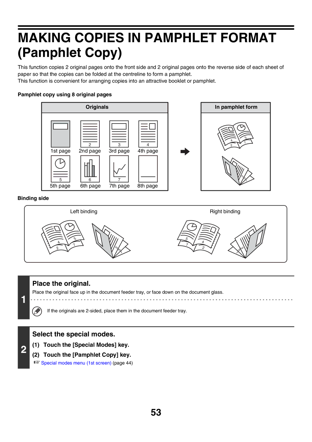 Sharp MX-5500N, MX-6200N manual Making Copies in Pamphlet Format Pamphlet Copy, Touch the Pamphlet Copy key, Binding side 