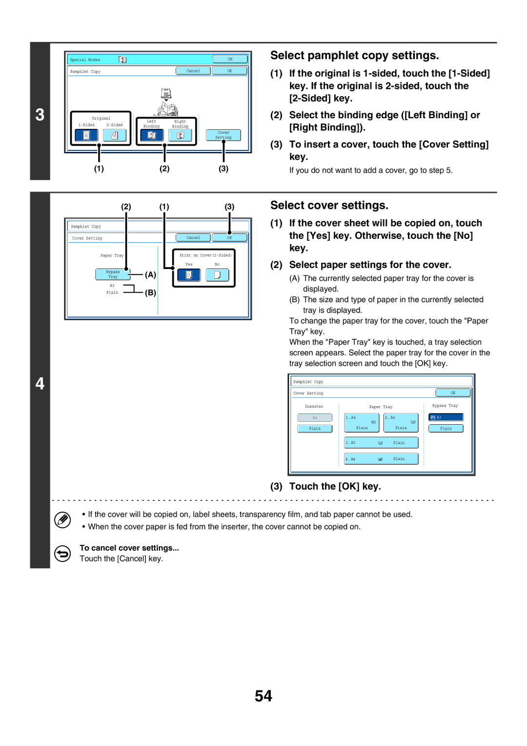 Sharp MX-6200N, MX-7000N, MX-5500N manual Select pamphlet copy settings, Select cover settings, To cancel cover settings 