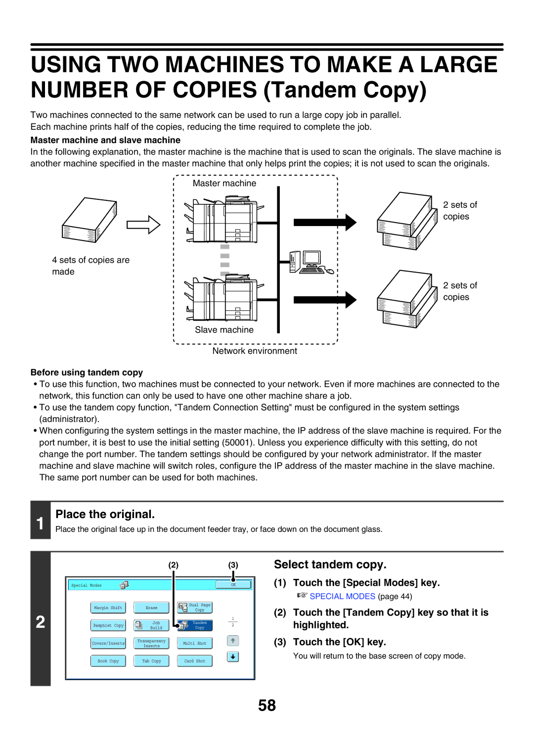 Sharp MX-7000N, MX-6200N manual Select tandem copy, Master machine and slave machine, Before using tandem copy, Highlighted 