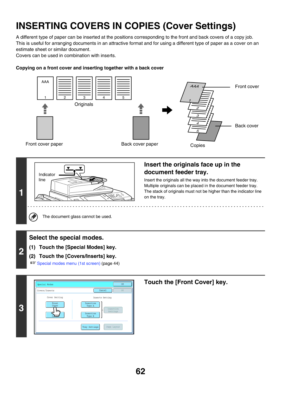 Sharp MX-5500N manual Inserting Covers in Copies Cover Settings, Touch the Front Cover key, Touch the Covers/Inserts key 