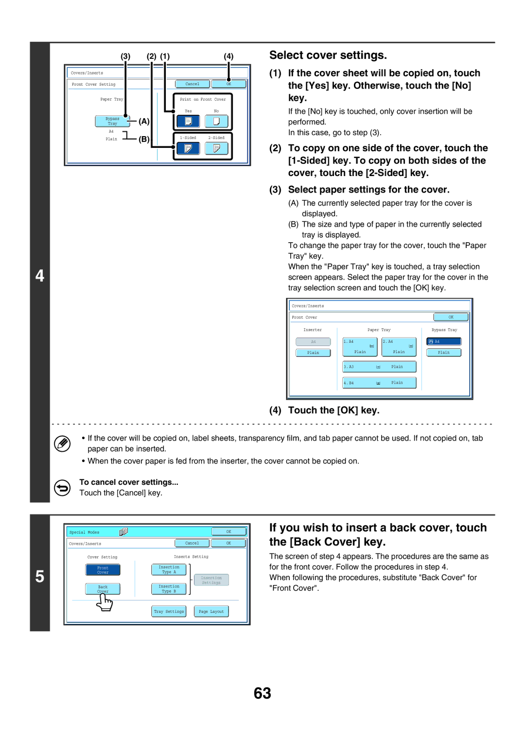 Sharp MX-6200N, MX-7000N, MX-5500N manual If you wish to insert a back cover, touch the Back Cover key 