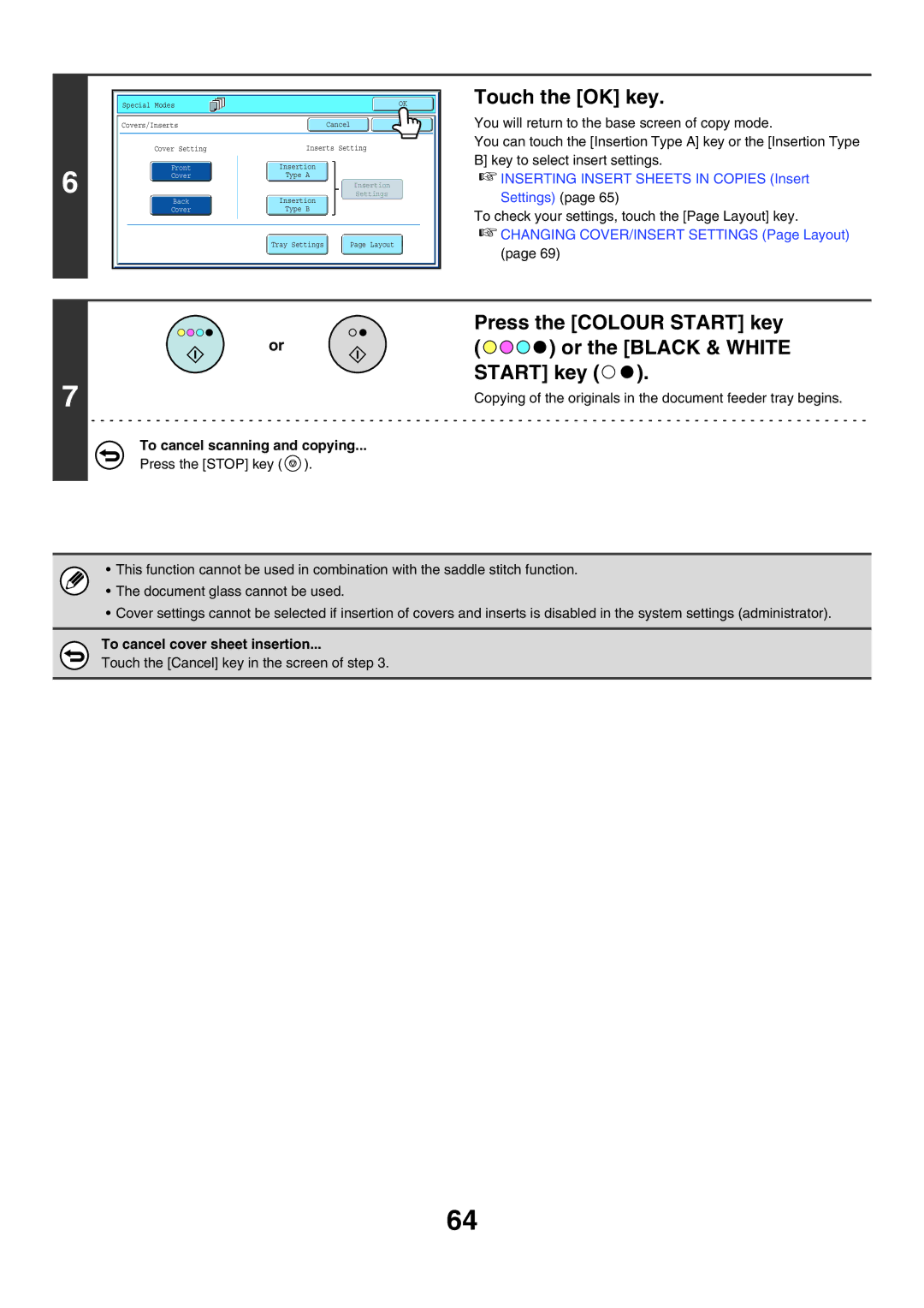 Sharp MX-7000N, MX-6200N, MX-5500N manual Start key, To cancel scanning and copying, To cancel cover sheet insertion 