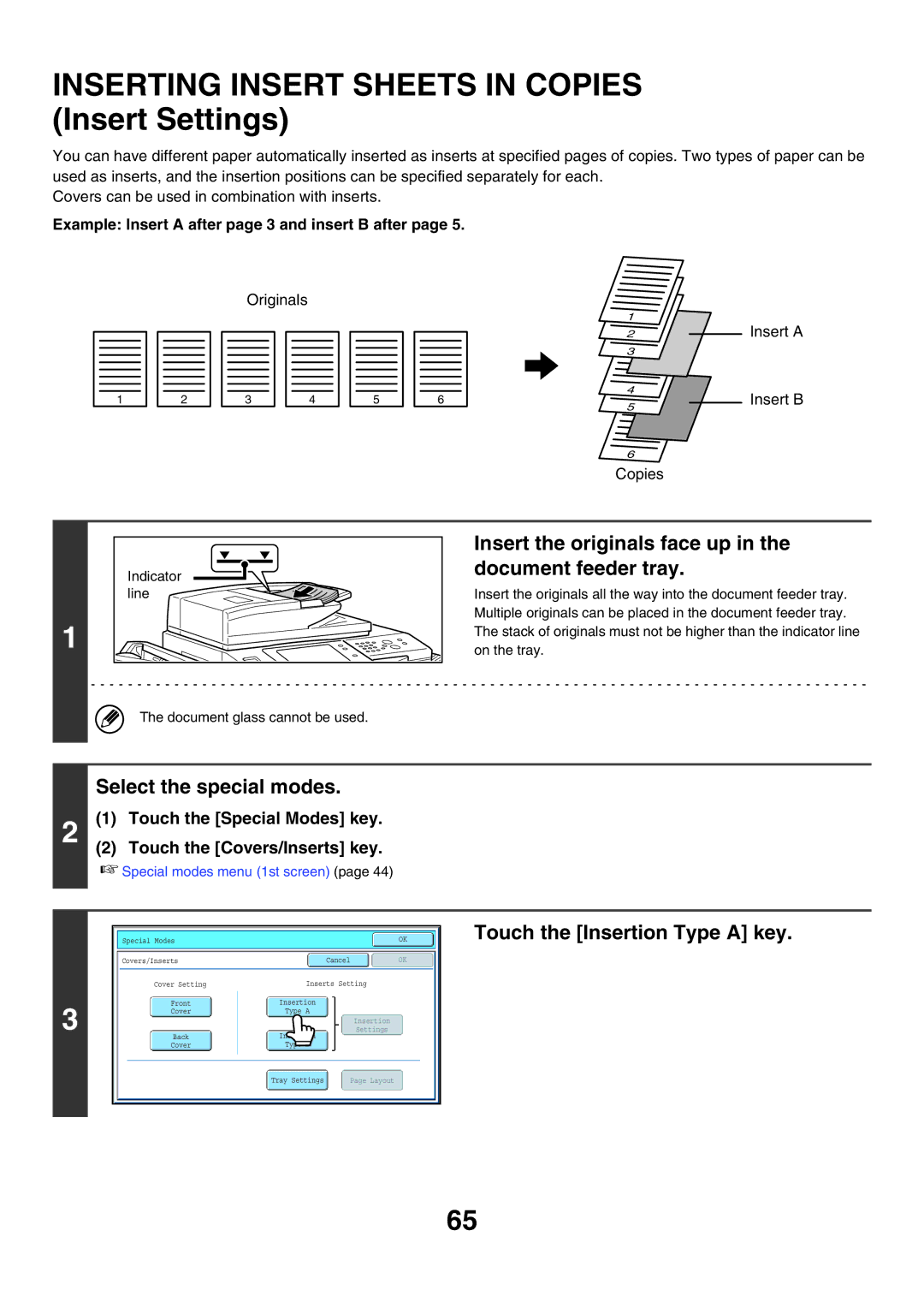 Sharp MX-5500N, MX-6200N, MX-7000N manual Inserting Insert Sheets in Copies Insert Settings, Touch the Insertion Type a key 