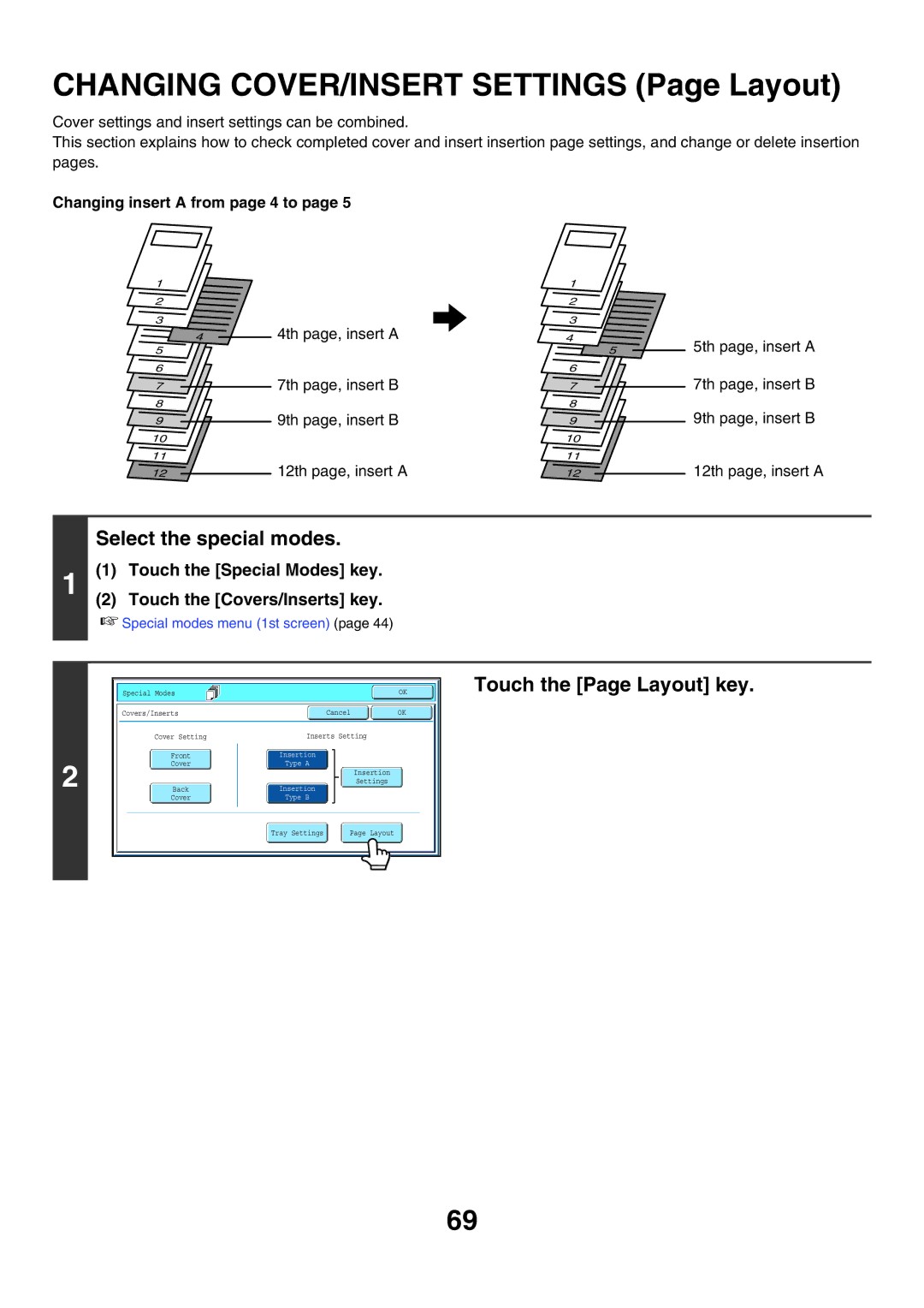 Sharp MX-6200N Changing COVER/INSERT Settings Page Layout, Touch the Page Layout key, Changing insert a from page 4 to 