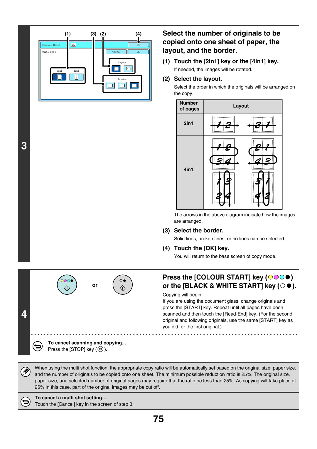 Sharp MX-6200N Touch the 2in1 key or the 4in1 key, Select the layout, Select the border, Number Layout Pages 2in1 4in1 