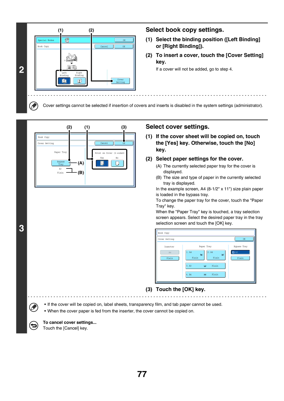 Sharp MX-5500N, MX-6200N, MX-7000N manual Select book copy settings, Select cover settings 