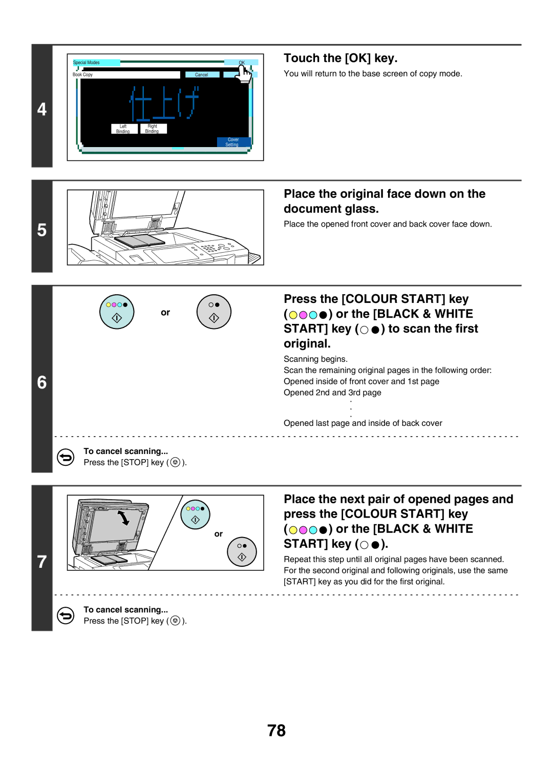 Sharp MX-6200N, MX-7000N, MX-5500N Place the original face down on the document glass, Place the next pair of opened pages 