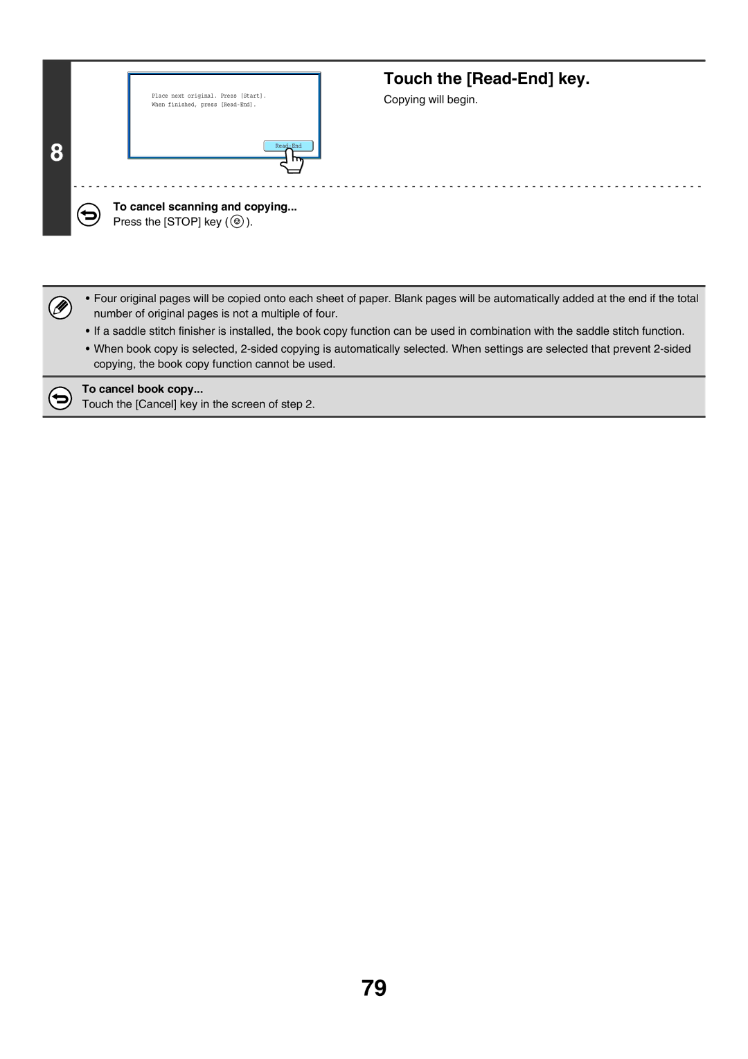 Sharp MX-7000N, MX-6200N, MX-5500N manual Touch the Read-End key, To cancel book copy 