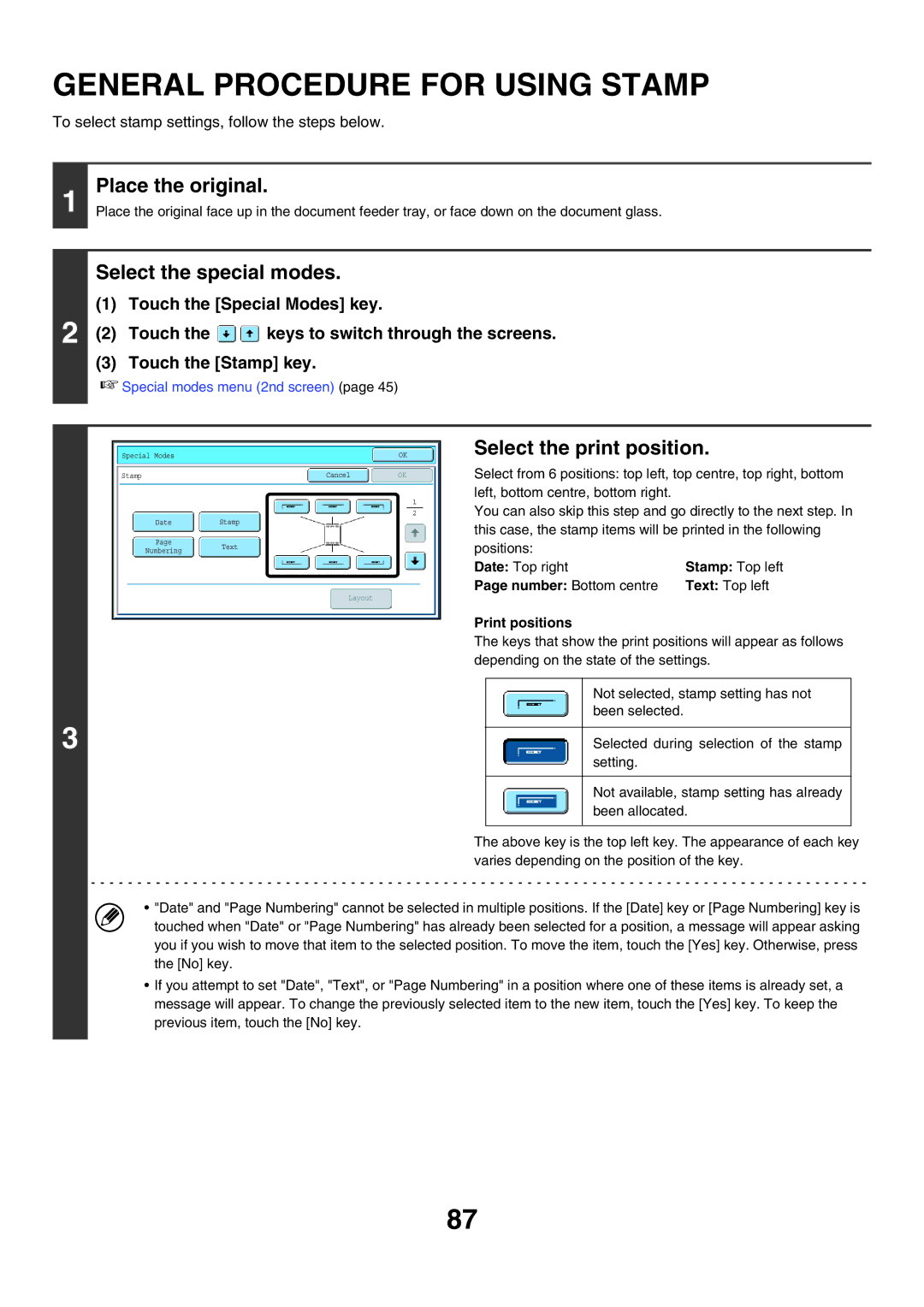 Sharp MX-6200N manual General Procedure for Using Stamp, Select the print position, Number Bottom centre, Print positions 