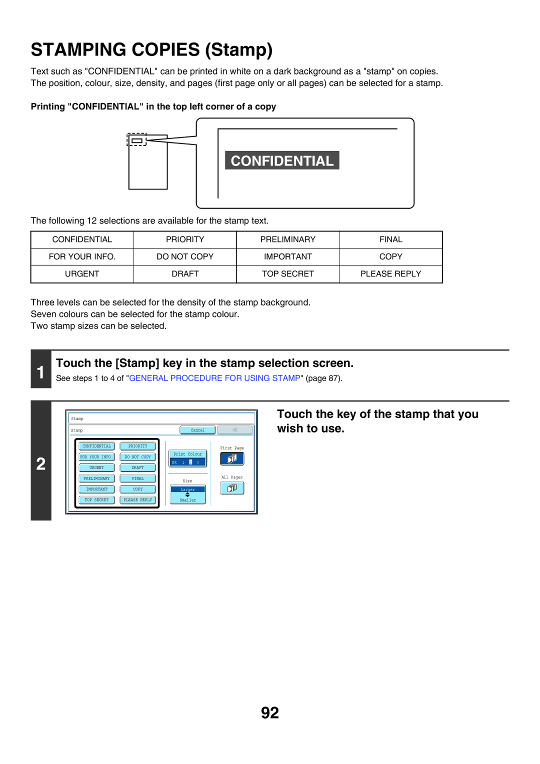 Sharp MX-5500N, MX-6200N, MX-7000N manual Stamping Copies Stamp, Touch the Stamp key in the stamp selection screen 