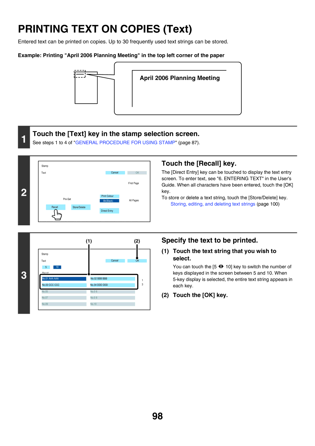 Sharp MX-5500N manual Printing Text on Copies Text, Touch the Text key in the stamp selection screen, Touch the Recall key 