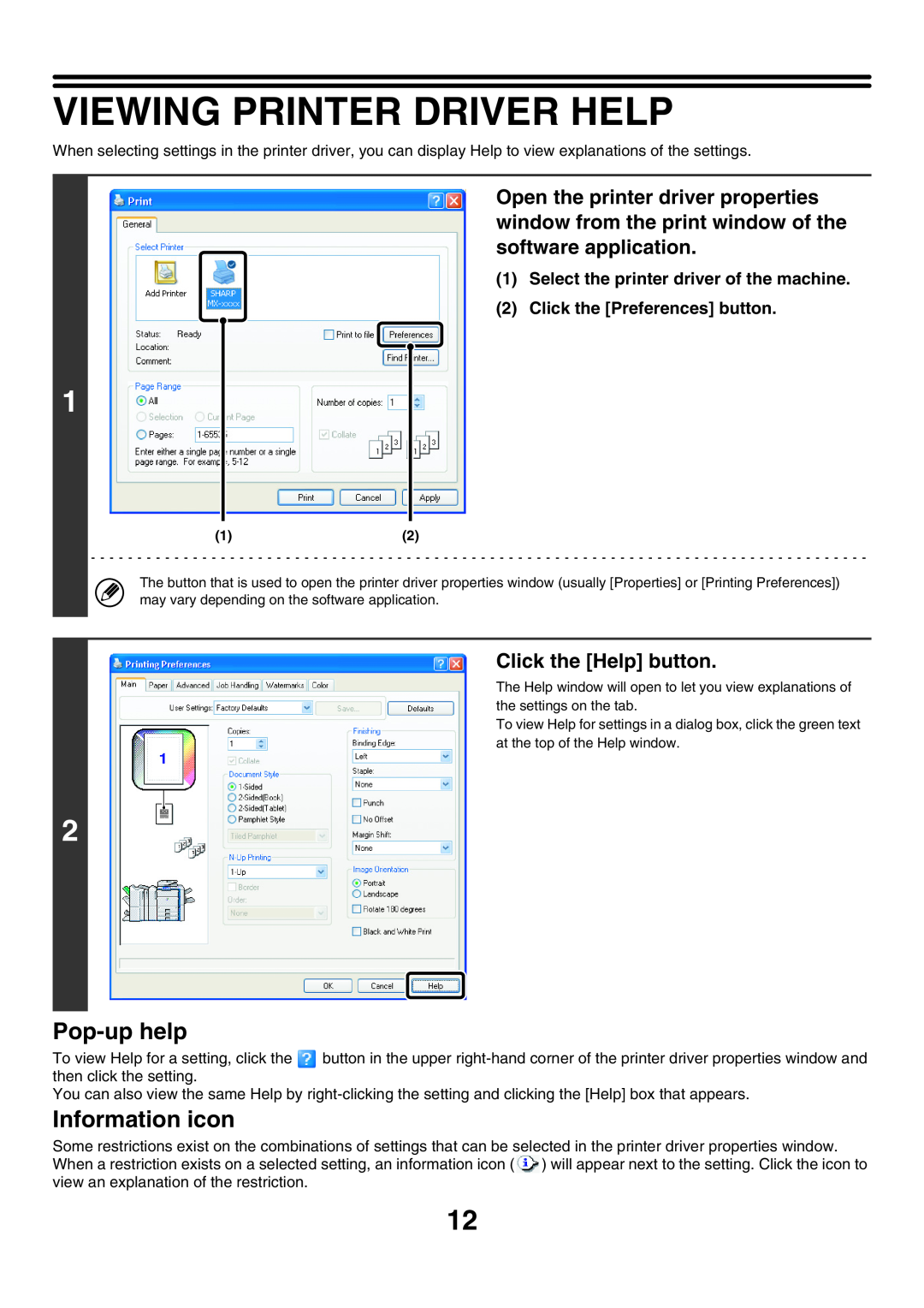 Sharp MX-6200N, MX-7000N, MX-5500N manual Viewing Printer Driver Help, Pop-up help, Information icon, Click the Help button 