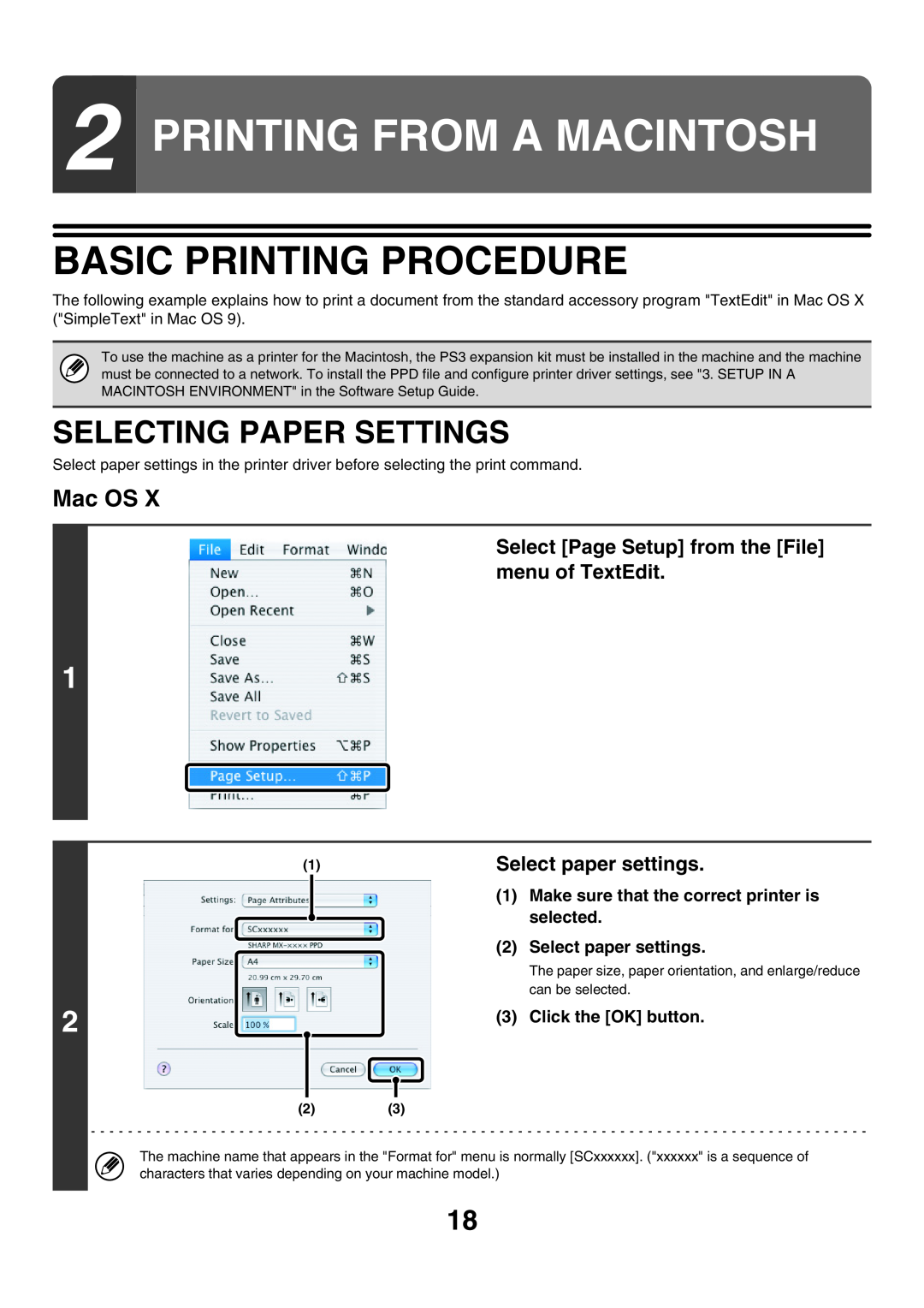 Sharp MX-6200N, MX-7000N manual Printing From A Macintosh, Selecting Paper Settings, Mac OS, Select paper settings, selected 