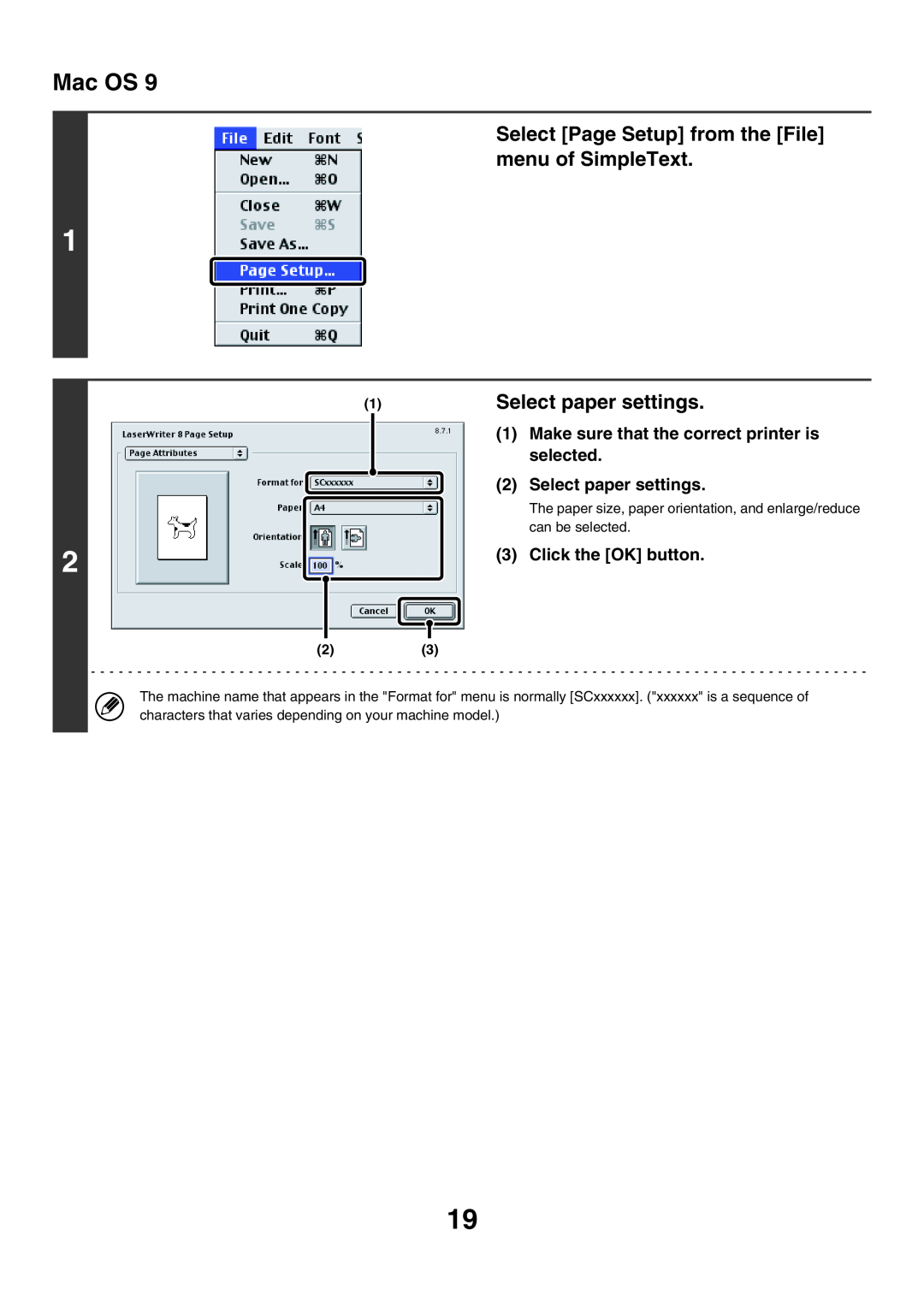 Sharp MX-7000N Select Page Setup from the File menu of SimpleText, Make sure that the correct printer is selected, Mac OS 