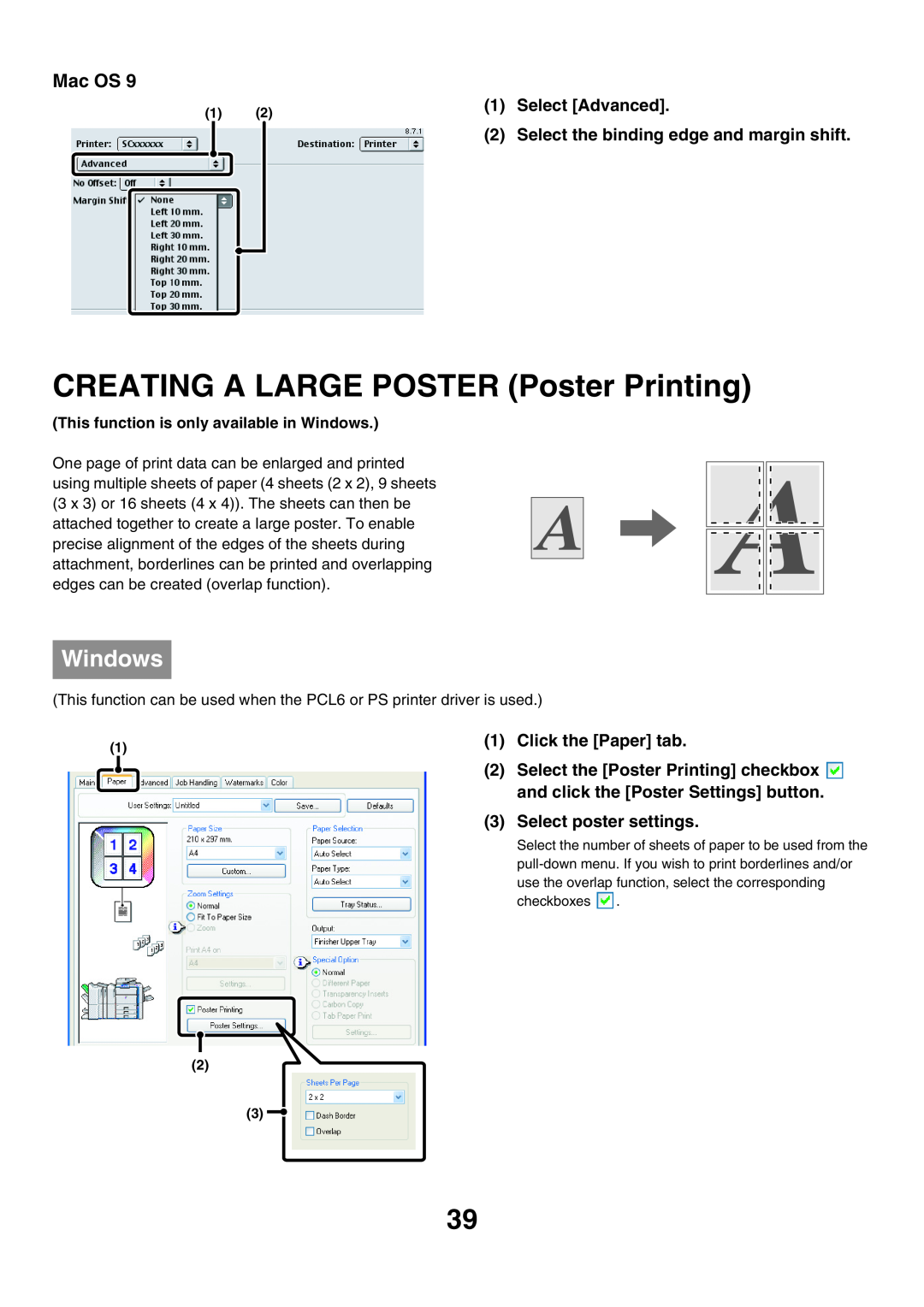 Sharp MX-6200N manual CREATING A LARGE POSTER Poster Printing, Select Advanced, Click the Paper tab, Select poster settings 