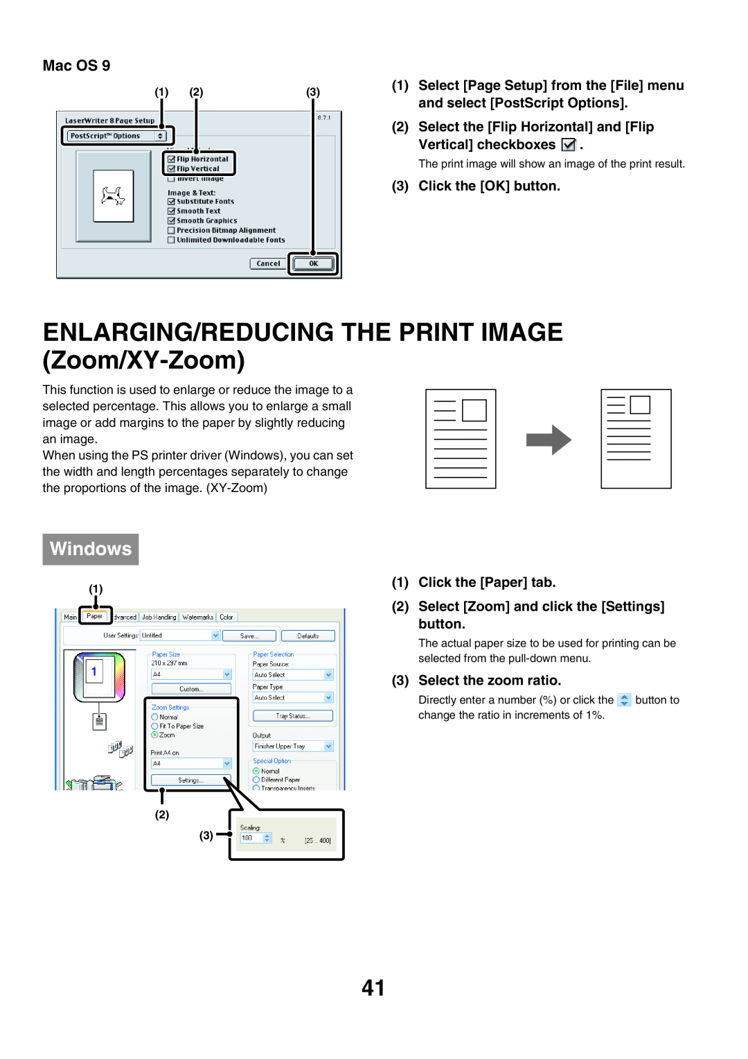 Sharp MX-5500N ENLARGING/REDUCING THE PRINT IMAGE Zoom/XY-Zoom, and select PostScript Options, Vertical checkboxes, Mac OS 