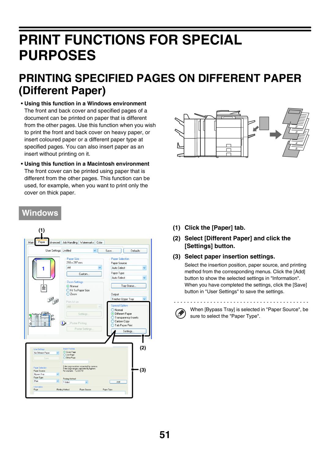 Sharp MX-6200N Print Functions For Special Purposes, PRINTING SPECIFIED PAGES ON DIFFERENT PAPER Different Paper, Windows 