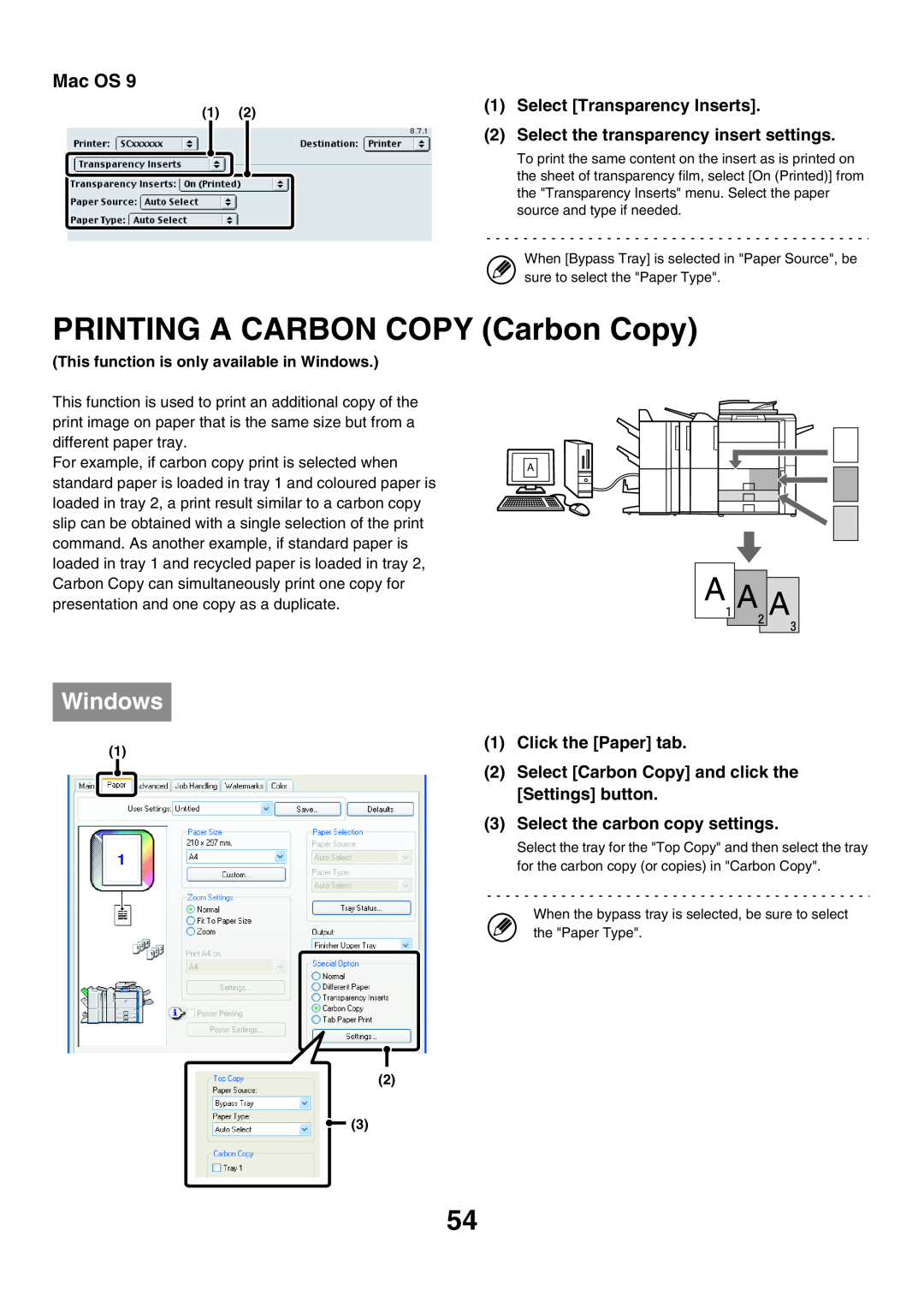 Sharp MX-6200N PRINTING A CARBON COPY Carbon Copy, Select Transparency Inserts, Select the transparency insert settings 