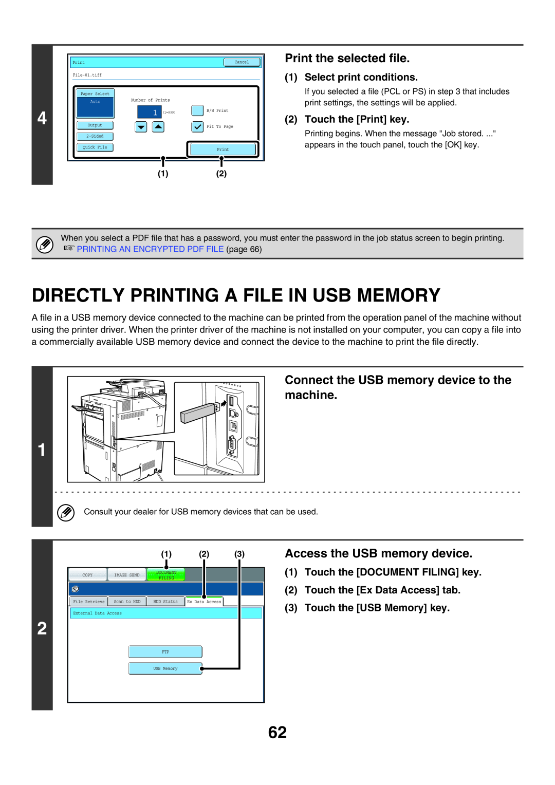 Sharp MX-5500N, MX-6200N Directly Printing A File In Usb Memory, Print the selected file, Access the USB memory device 