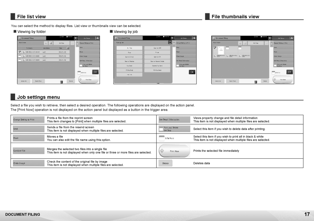 Sharp MX-6240N, MX-7040N quick start File list view File thumbnails view, Job settings menu 