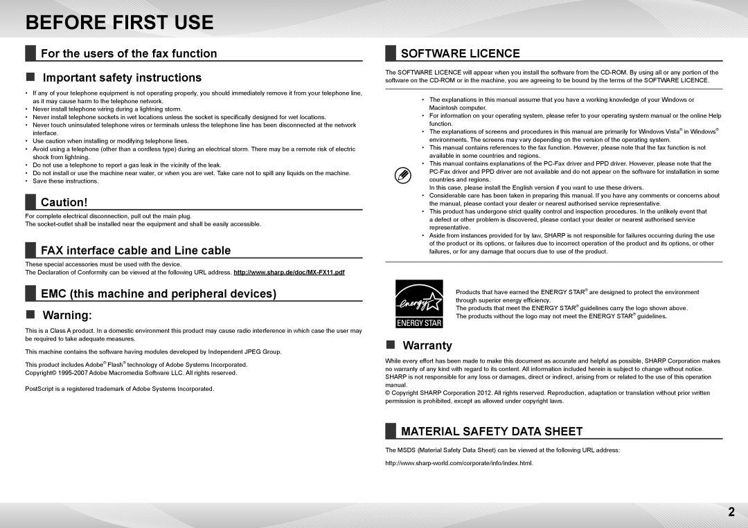 Sharp MX-7040N, MX-6240N quick start Before First USE, EMC this machine and peripheral devices „„ Warning 