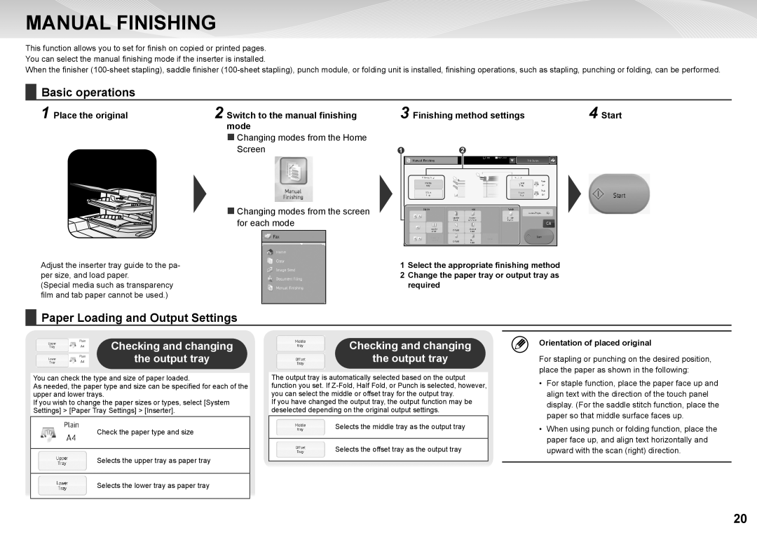 Sharp MX-7040N, MX-6240N quick start Manual Finishing, Paper Loading and Output Settings, Checking and changing Output tray 