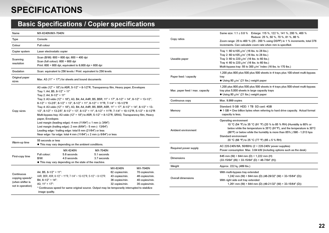 Sharp MX-7040N, MX-6240N quick start Basic Specifications / Copier specifications 