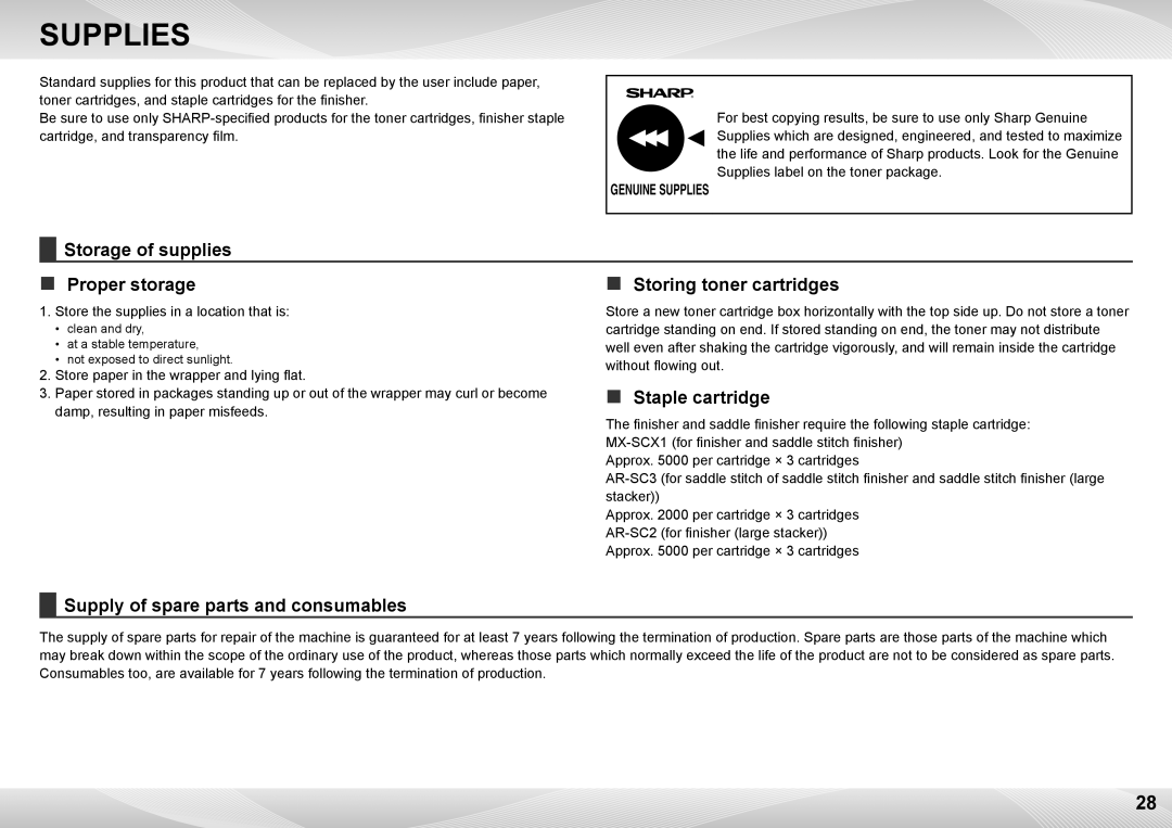 Sharp MX-7040N, MX-6240N quick start Supplies, „„ Proper storage „„ Storing toner cartridges 