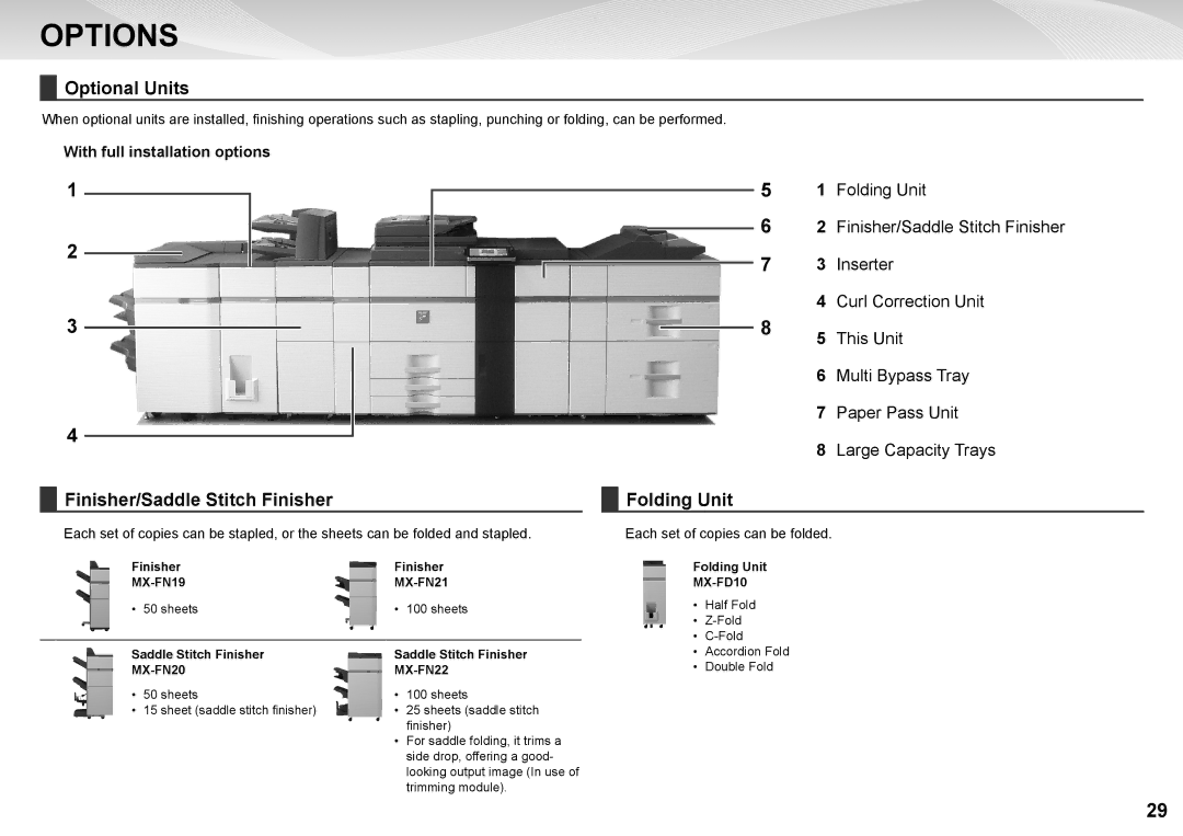 Sharp MX-6240N, MX-7040N quick start Options, Optional Units, Finisher/Saddle Stitch Finisher, Folding Unit 