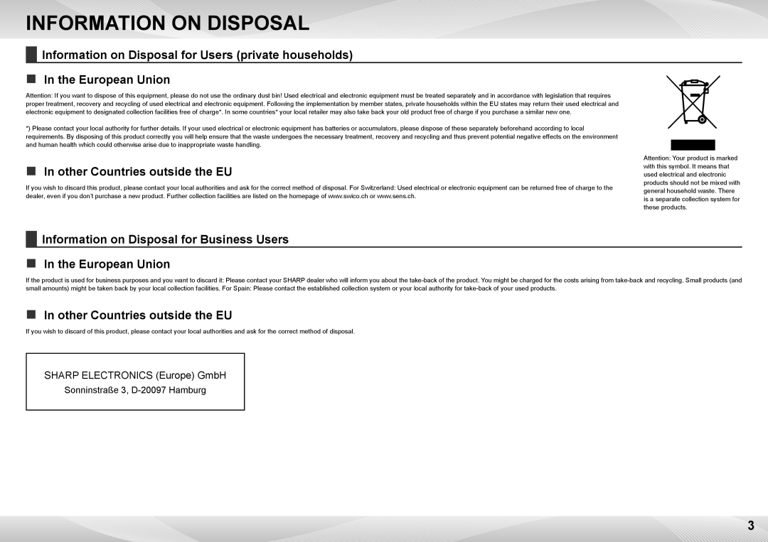 Sharp MX-6240N, MX-7040N quick start Information on Disposal, „„ In other Countries outside the EU 