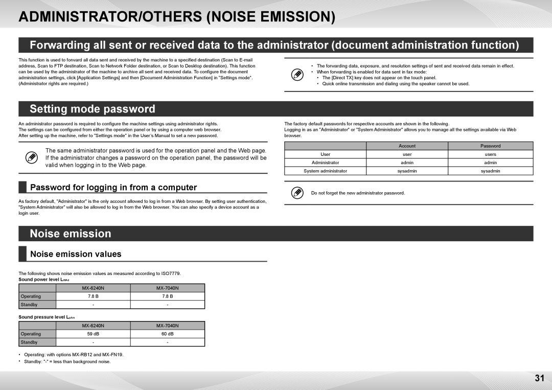 Sharp MX-6240N, MX-7040N quick start ADMINISTRATOR/OTHERS Noise Emission, Setting mode password, Noise emission values 