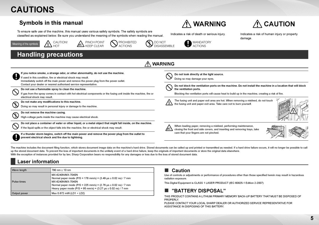 Sharp MX-6240N, MX-7040N quick start Handling precautions, Symbols in this manual 