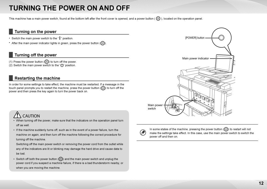 Sharp MX-7500N, MX-6500N Turning the Power on and OFF, Turning on the power, Turning off the power, Restarting the machine 