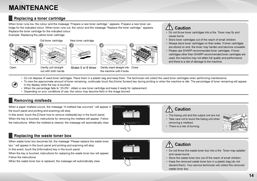 Sharp MX-7500N, MX-6500N Maintenance, Replacing a toner cartridge, Removing misfeeds, Replacing the waste toner box 