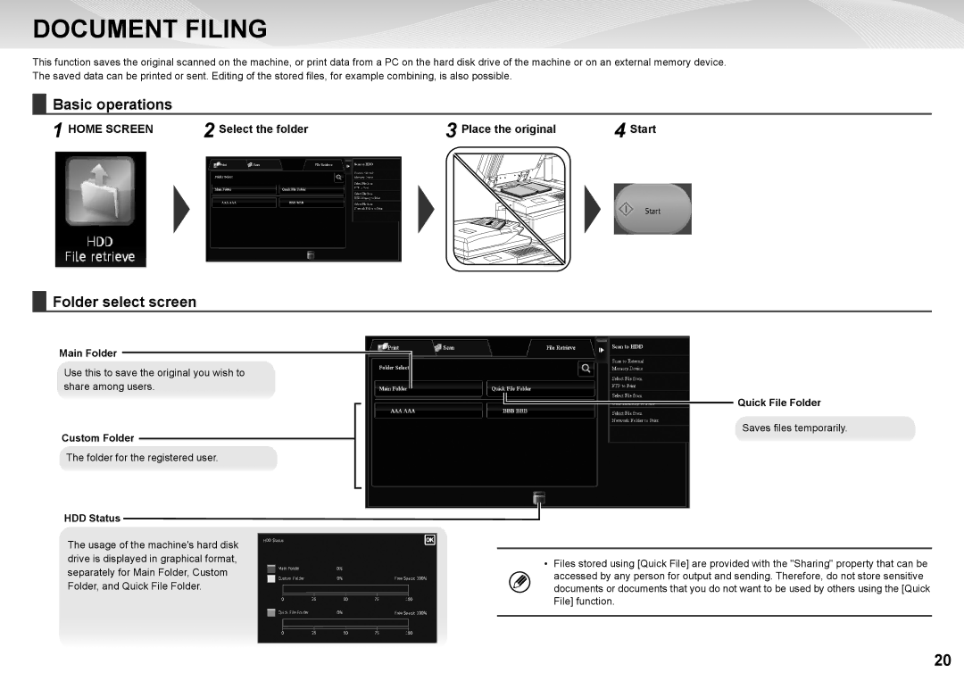 Sharp MX-7500N, MX-6500N quick start Document Filing, Folder select screen, Select the folder Place the original 