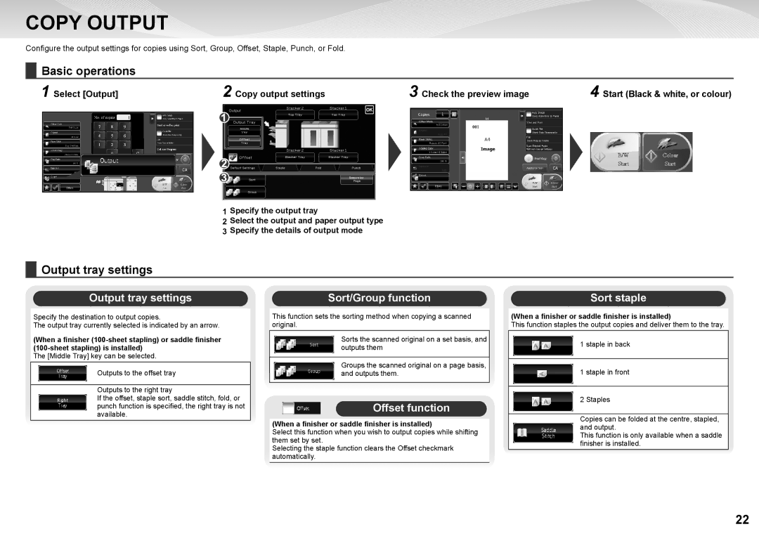 Sharp MX-7500N, MX-6500N quick start Copy Output, Output tray settings 