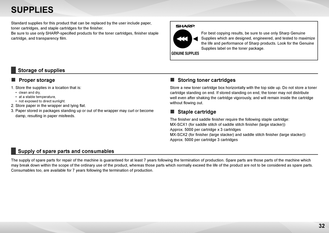 Sharp MX-7500N, MX-6500N quick start Supplies, „„ Proper storage „„ Storing toner cartridges 