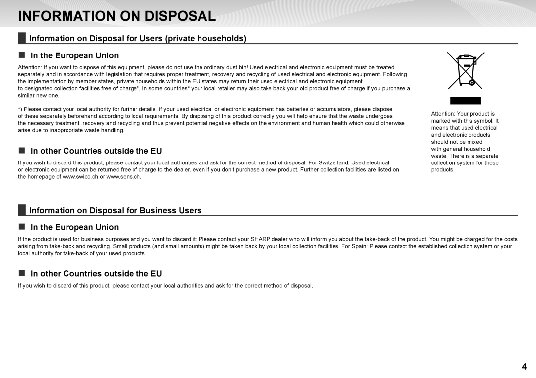 Sharp MX-7500N, MX-6500N quick start Information on Disposal, „„ In other Countries outside the EU 