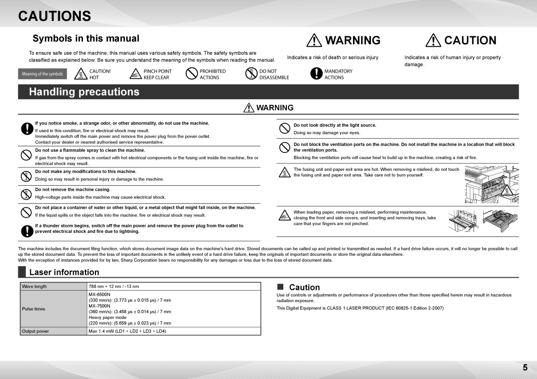 Sharp MX-6500N, MX-7500N quick start Handling precautions, Symbols in this manual 