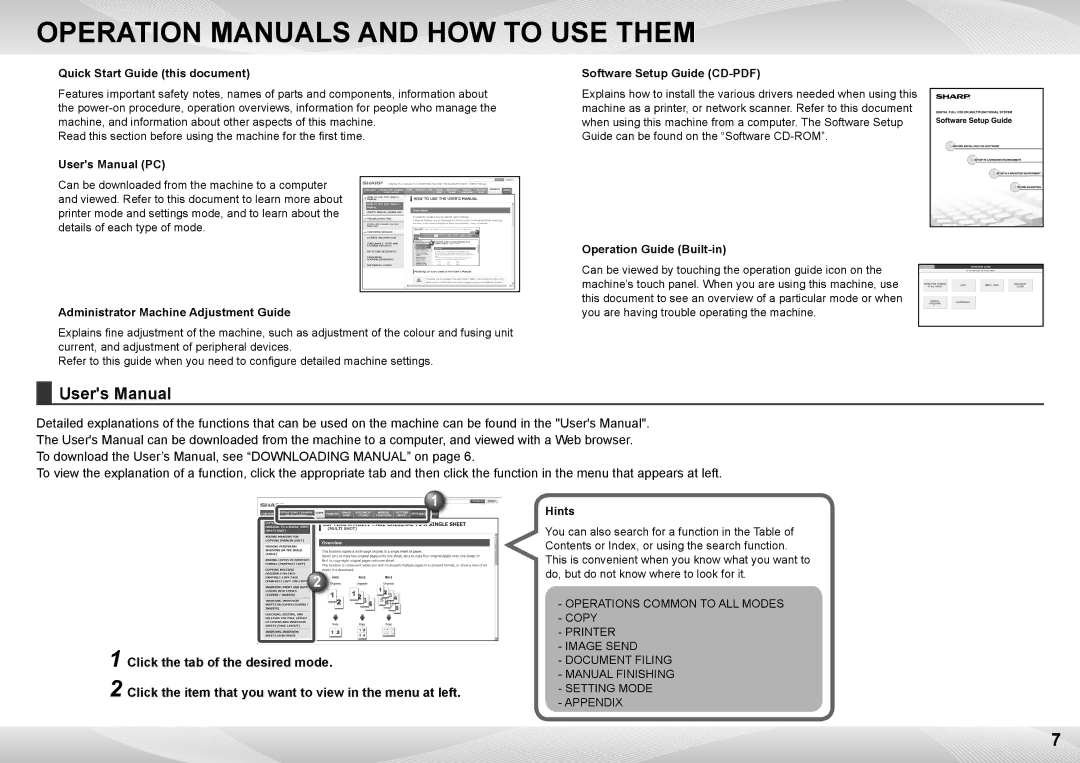 Sharp MX-6500N Quick Start Guide this document, Administrator Machine Adjustment Guide, Operation Guide Built-in, Hints 