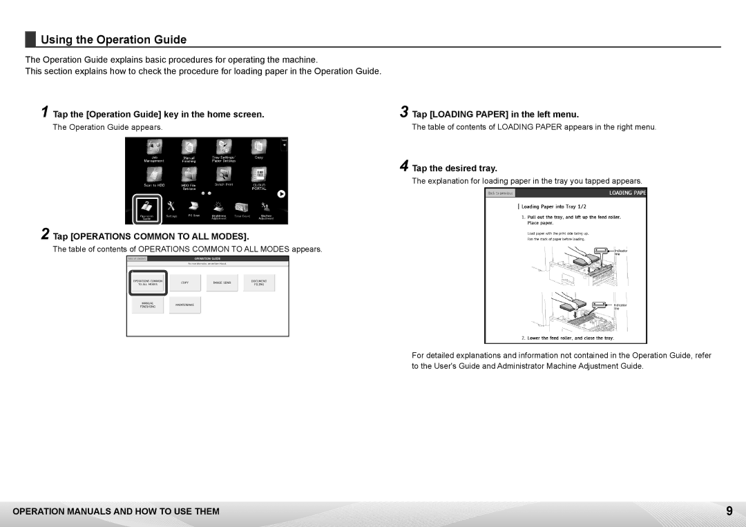 Sharp MX-6500N, MX-7500N Using the Operation Guide, Tap the Operation Guide key in the home screen, Tap the desired tray 