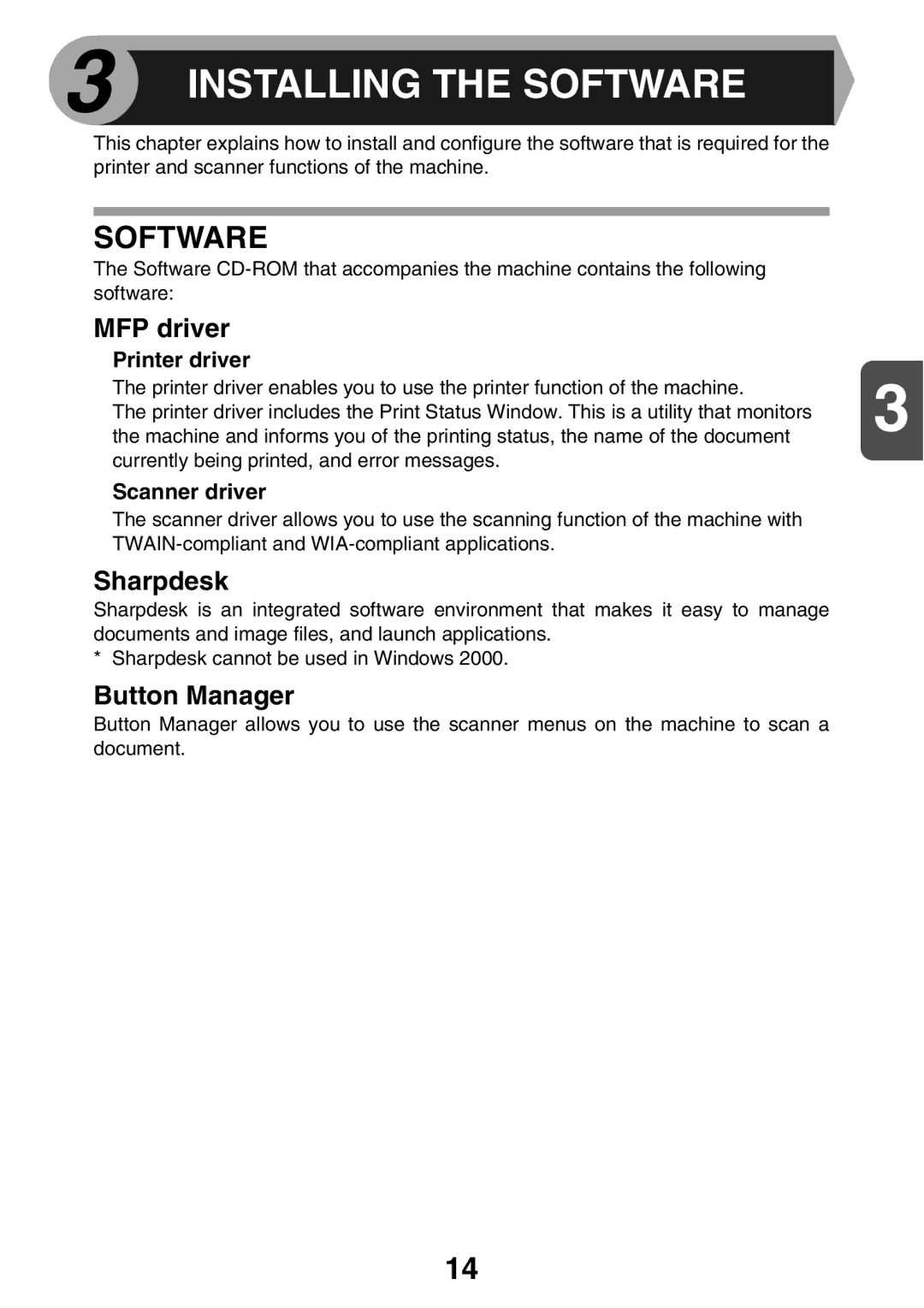 Sharp MX-B200 manual Installing the Software, MFP driver, Sharpdesk, Button Manager 