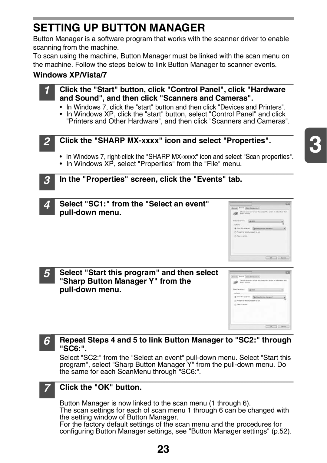 Sharp MX-B200 manual Setting UP Button Manager, Click the Sharp MX-xxxx icon and select Properties, Click the OK button 