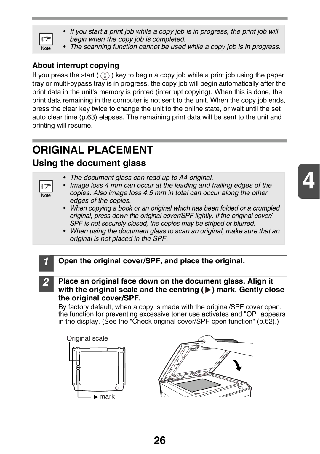 Sharp MX-B200 manual Original Placement, Using the document glass, About interrupt copying 