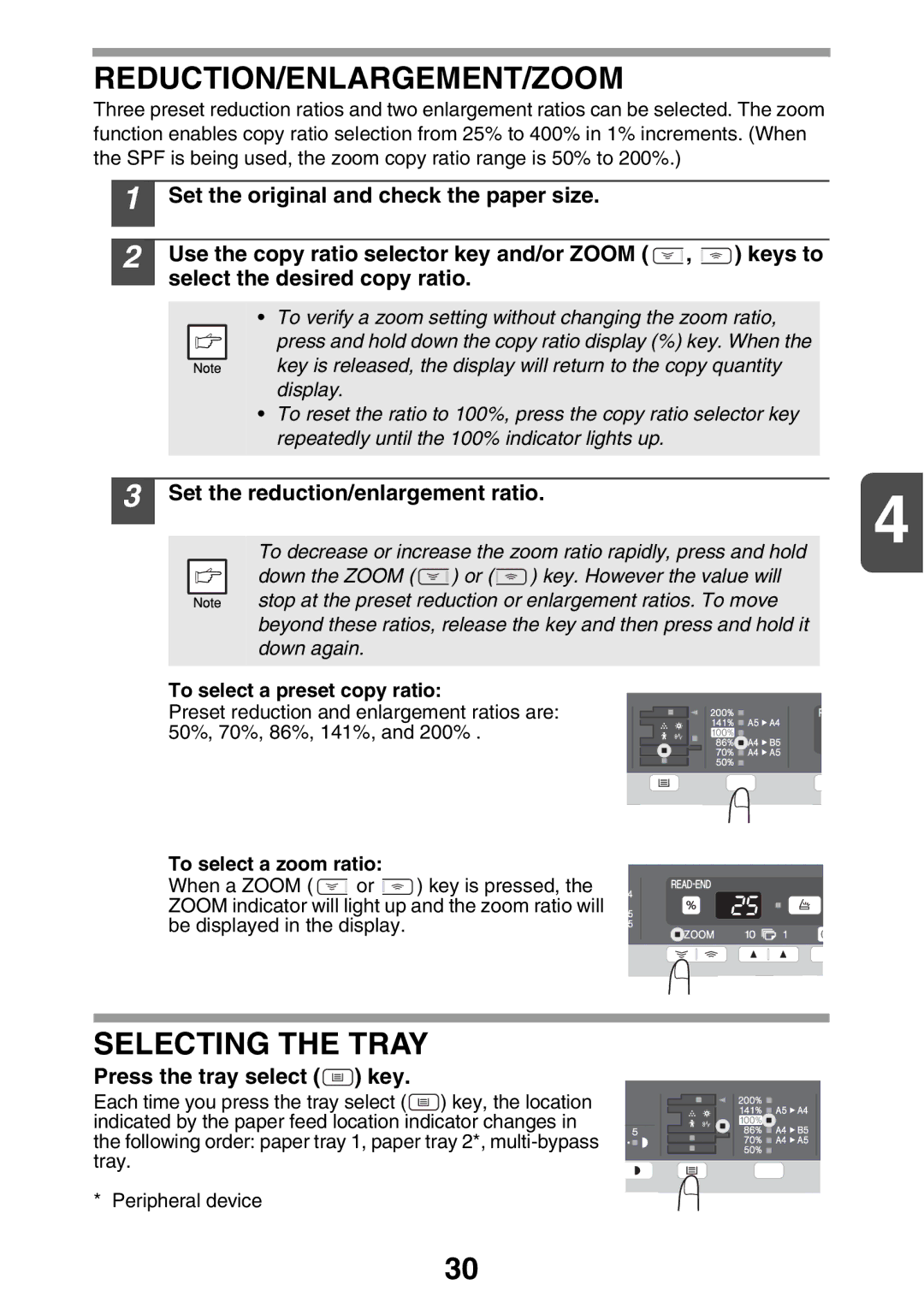 Sharp MX-B200 manual Reduction/Enlargement/Zoom, Selecting the Tray, Press the tray select key 