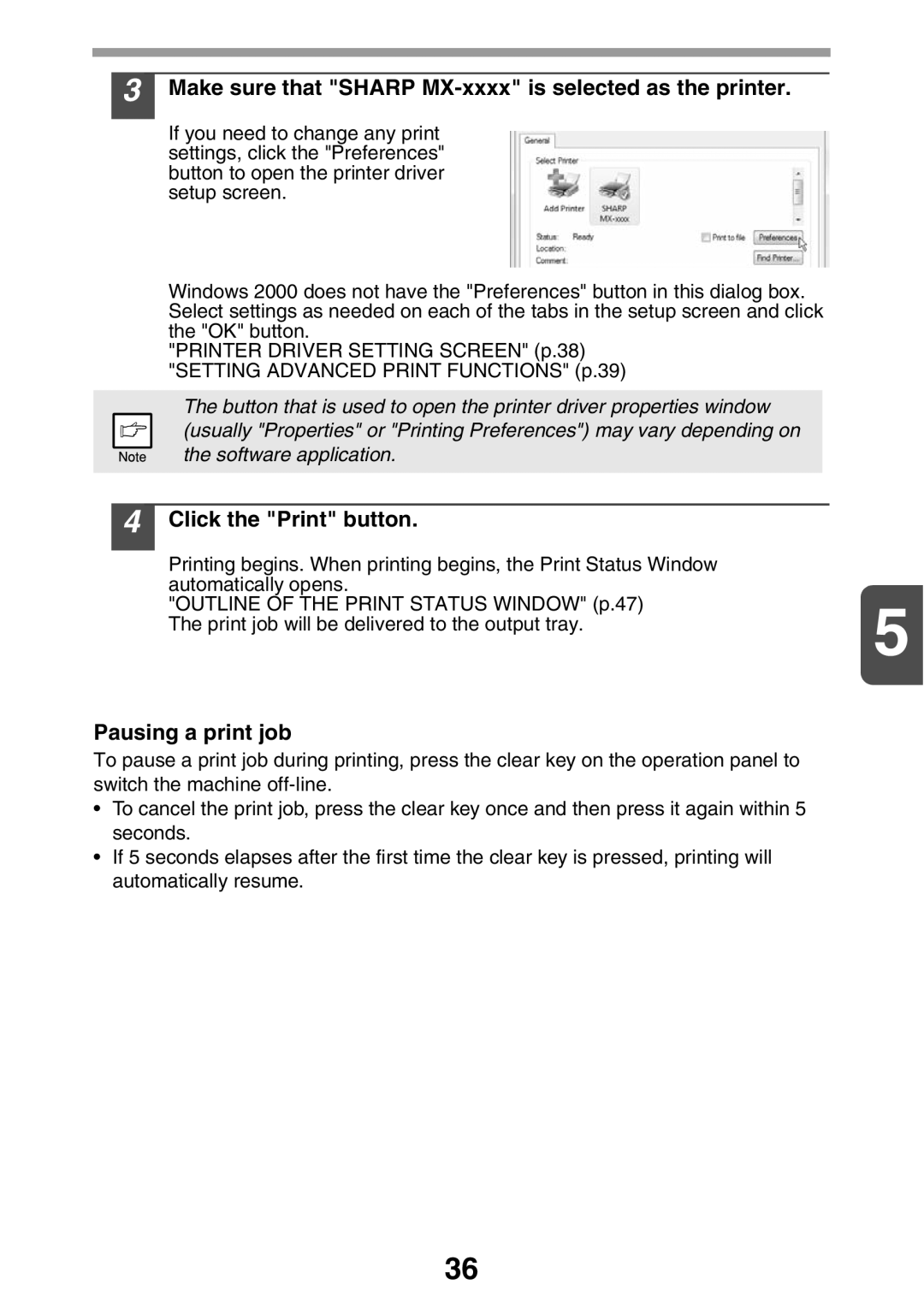 Sharp MX-B200 manual Make sure that Sharp MX-xxxx is selected as the printer, Click the Print button, Pausing a print job 